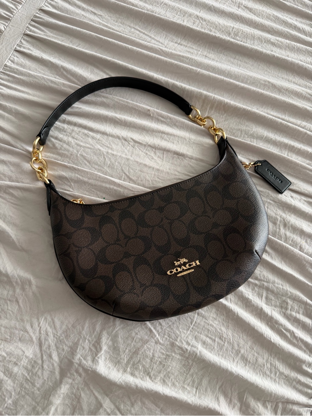 Coach Brown Signature Crescent Shoulder Bag With Black Strap And Gold Hardware